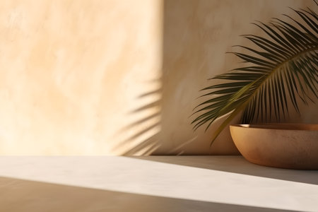 Modern empty pastel brown concrete counter table top in sunlight, palm leaf shadow on stucco texture wall. 3d rendering. Created with generative AIの素材