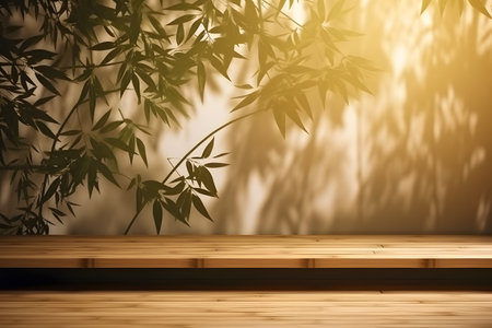 Soft and beautiful foliage dappled sunlight of tropical bamboo tree leaf shadow on brown wooden panel wall, clean mockup template. 3d rendering. Created with generative AIの素材