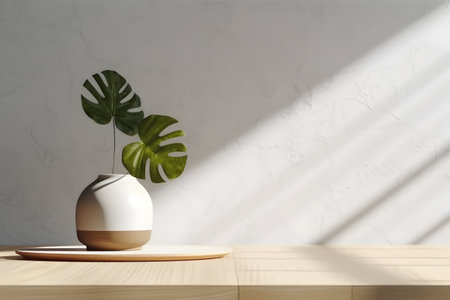 Modern white vase with green plant and a wooden plate on stone counter table with space in sunlight, leaf shadow on beige stucco cement wall for interior design decoration. 3d rendering. Created with generative AIの素材