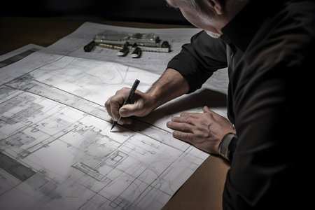 A CAD designer creating detailed technical drawings for architectural or engineering projects. Created with generative AIの素材