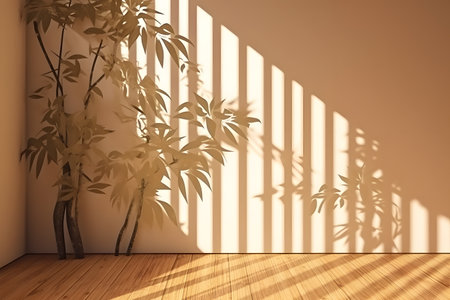 Soft and beautiful foliage dappled sunlight of tropical bamboo tree leaf shadow on brown wooden panel wall, clean mockup template. 3d rendering. Created with generative AIの素材