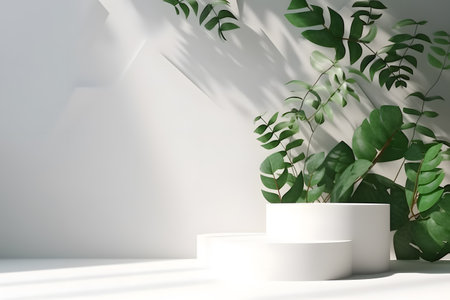 White podium backdrop mockup template, with natural green leaves plant twig, sunlight and foliages leaves shadow. 3d rendering. Created with generative AIの素材