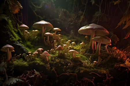 An otherworldly forest of glowing mushrooms, showing the intricate details and luminescence of the fungi. Created with generative AIの素材