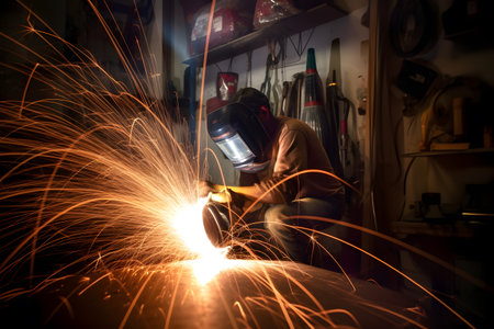 Artistic motion blur photograph of a welder in a fabrication workshop, showcasing the sparks and motion involved in metalworking. Generative AIの素材