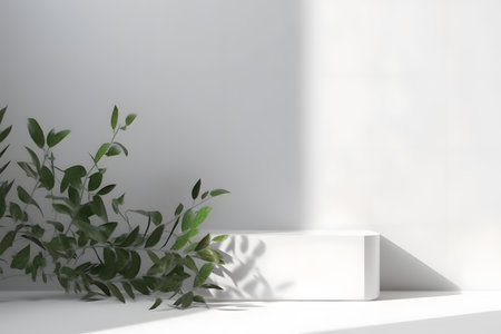 White podium backdrop mockup template, with natural green leaves plant twig, sunlight and foliages leaves shadow. 3d rendering. Created with generative AIの素材