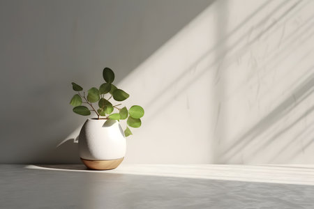 Modern white vase with green plant and a wooden plate on stone counter table with space in sunlight, leaf shadow on beige stucco cement wall for interior design decoration. 3d rendering. Created with generative AIの素材