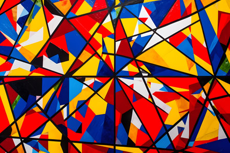 Bold and vibrant abstract background with intersecting lines and triangles in primary colors, modern pop art graphic design. Created with generative AIの素材
