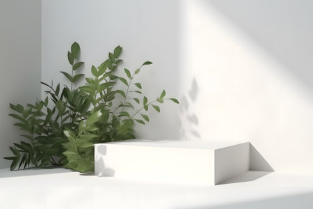 White podium backdrop mockup template, with natural green leaves plant twig, sunlight and foliages leaves shadow. 3d rendering. Created with generative AIの素材