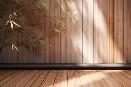 Soft and beautiful foliage dappled sunlight of tropical bamboo tree leaf shadow on brown wooden panel wall, clean mockup template. 3d rendering. Created with generative AIの素材