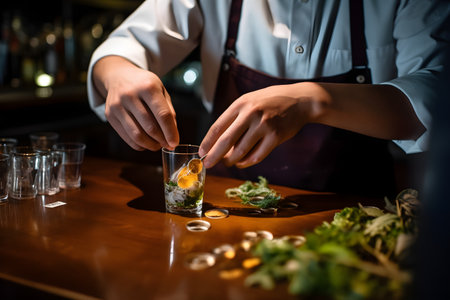 A bartender garnishing a cocktail with precision, adding the final touches of zest, herbs, or fruit to enhance the drink's appearance and flavor. Created with generative AIの素材