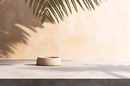 Modern empty pastel brown concrete counter table top in sunlight, palm leaf shadow on stucco texture wall. 3d rendering. Created with generative AIの素材