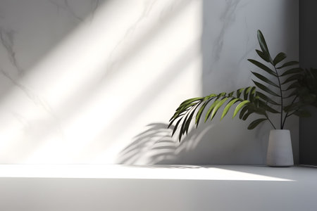 Modern minimal empty white marble stone counter table top, in sunlight, palm foliage leaf shadow on concrete wall background. 3d rendering. Created with generative AIの素材