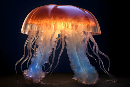An imaginative and photo-realistic depiction of a shimmering and translucent jellyfish underwater creature, captured in studio. Created with generative AIの素材