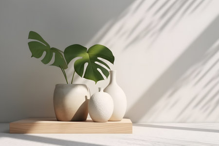 Modern white vase with green plant and a wooden plate on stone counter table with space in sunlight, leaf shadow on beige stucco cement wall for interior design decoration. 3d rendering. Created with generative AIの素材