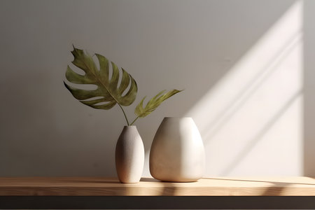 Modern white vase with green plant and a wooden plate on stone counter table with space in sunlight, leaf shadow on beige stucco cement wall for interior design decoration. 3d rendering. Created with generative AIの素材