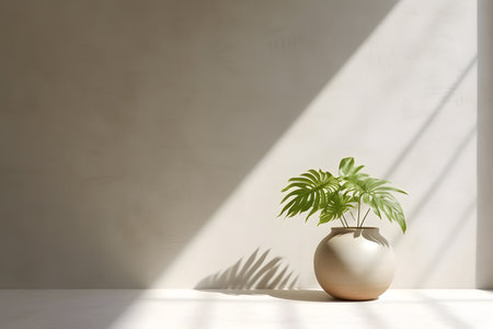 Modern white vase with green plant and a wooden plate on stone counter table with space in sunlight, leaf shadow on beige stucco cement wall for interior design decoration. 3d rendering. Created with generative AIの素材