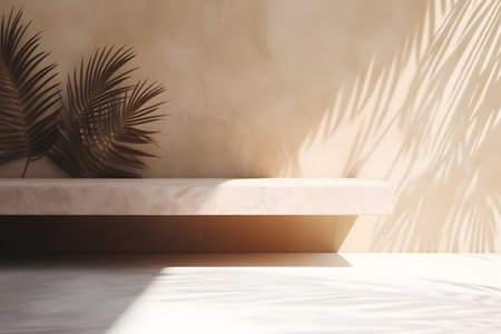 Modern empty pastel brown concrete counter table top in sunlight, palm leaf shadow on stucco texture wall. 3d rendering. Created with generative AIの素材