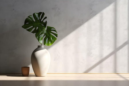 Modern white vase with green plant and a wooden plate on stone counter table with space in sunlight, leaf shadow on beige stucco cement wall for interior design decoration. 3d rendering. Created with generative AIの素材