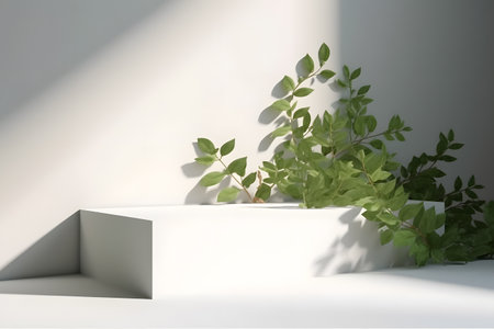 White podium backdrop mockup template, with natural green leaves plant twig, sunlight and foliages leaves shadow. 3d rendering. Created with generative AIの素材