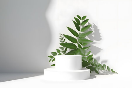 White podium backdrop mockup template, with natural green leaves plant twig, sunlight and foliages leaves shadow. 3d rendering. Created with generative AIの素材