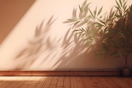 Soft and beautiful foliage dappled sunlight of tropical bamboo tree leaf shadow on brown wooden panel wall, clean mockup template. 3d rendering. Created with generative AIの素材