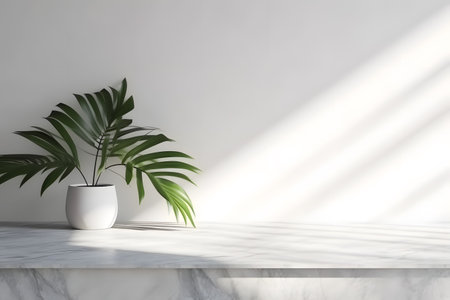 Modern minimal empty white marble stone counter table top, in sunlight, palm foliage leaf shadow on concrete wall background. 3d rendering. Created with generative AIの素材