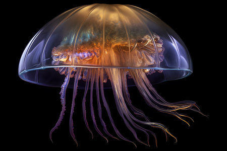 An imaginative and photo-realistic depiction of a shimmering and translucent jellyfish underwater creature, captured in studio. Created with generative AIの素材