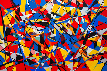 Bold and vibrant abstract background with intersecting lines and triangles in primary colors, modern pop art graphic design. Created with generative AIの素材