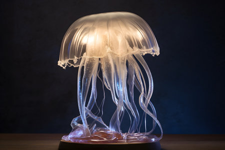 An imaginative and photo-realistic depiction of a shimmering and translucent jellyfish underwater creature, captured in studio. Created with generative AIの素材