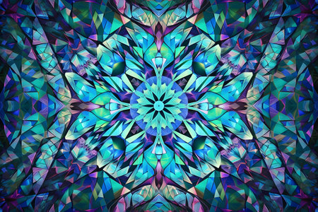 An intricate abstract background featuring interlocking geometric shapes in vibrant hues of blue, green, and purple, forming a mesmerizing kaleidoscope pattern that radiates energy and movement. Created with generative AIの素材
