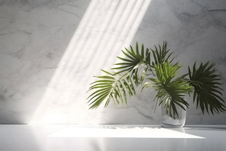 Modern minimal empty white marble stone counter table top, in sunlight, palm foliage leaf shadow on concrete wall background. 3d rendering. Created with generative AIの素材