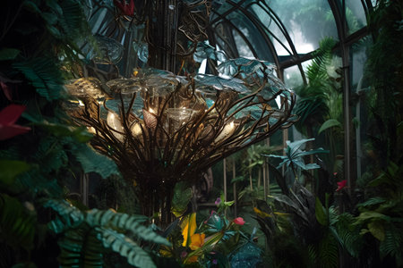 An otherworldly composition featuring a surreal combination of tropical foliage and intricate glass structures, creating an enchanting and dreamlike setting that blurs the boundaries between nature and human design. Created with generative AIの素材