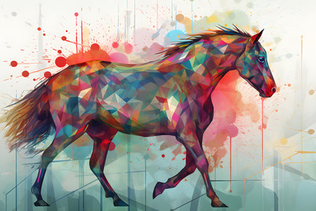 A beautiful horse, modern artwork, abstract colorful painting with geometric shapes. Hand drawn digital painting. Created with generative AIの素材