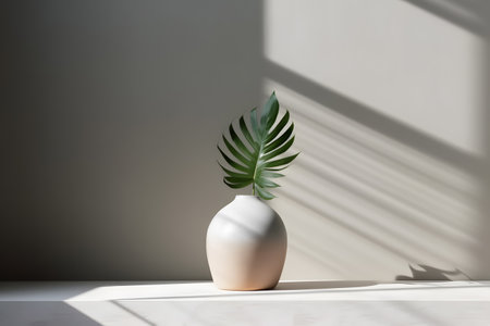 Modern white vase with green plant and a wooden plate on stone counter table with space in sunlight, leaf shadow on beige stucco cement wall for interior design decoration. 3d rendering. Created with generative AIの素材