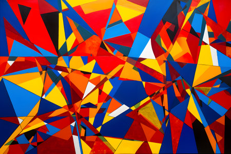 Bold and vibrant abstract background with intersecting lines and triangles in primary colors, modern pop art graphic design. Created with generative AIの素材