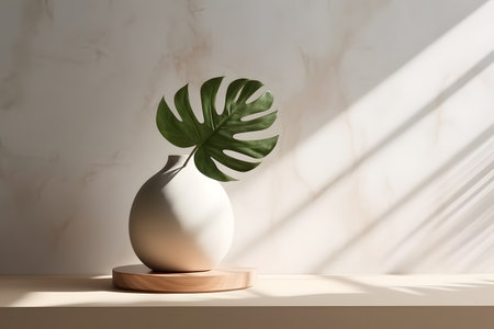 Modern white vase with green plant and a wooden plate on stone counter table with space in sunlight, leaf shadow on beige stucco cement wall for interior design decoration. 3d rendering. Created with generative AIの素材