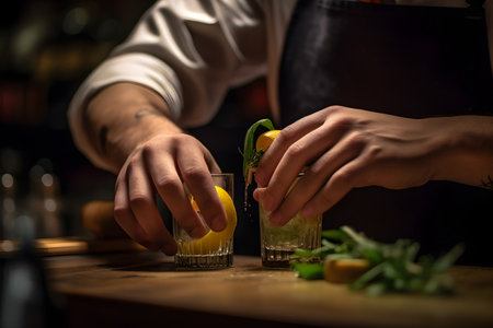 A bartender garnishing a cocktail with precision, adding the final touches of zest, herbs, or fruit to enhance the drink's appearance and flavor. Created with generative AIの素材