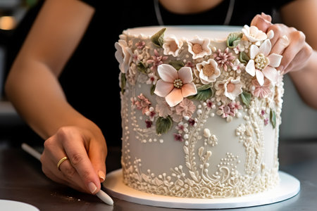 A baker skillfully decorating a cake with intricate piping and delicate sugar flowers, demonstrating the craftsmanship of pastry art. Created with generative AIの素材