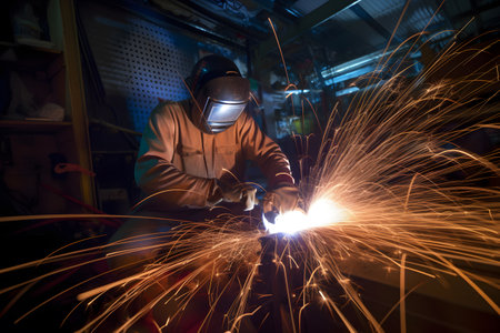 Artistic motion blur photograph of a welder in a fabrication workshop, showcasing the sparks and motion involved in metalworking. Generative AIの素材