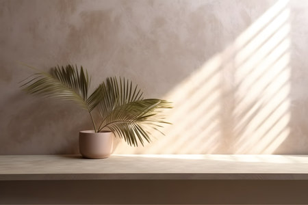 Modern empty pastel brown concrete counter table top in sunlight, palm leaf shadow on stucco texture wall. 3d rendering. Created with generative AIの素材