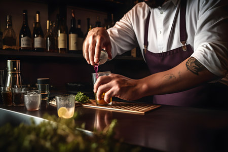 A bartender garnishing a cocktail with precision, adding the final touches of zest, herbs, or fruit to enhance the drink's appearance and flavor. Created with generative AIの素材