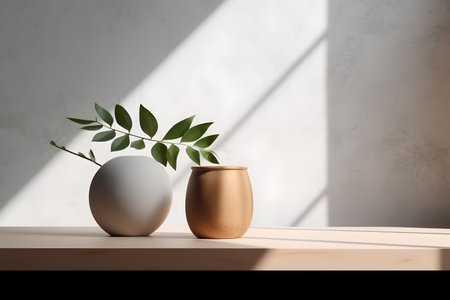 Modern white vase with green plant and a wooden plate on stone counter table with space in sunlight, leaf shadow on beige stucco cement wall for interior design decoration. 3d rendering. Created with generative AIの素材