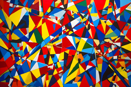 Bold and vibrant abstract background with intersecting lines and triangles in primary colors, modern pop art graphic design. Created with generative AIの素材