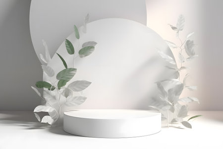 White podium backdrop mockup template, with natural green leaves plant twig, sunlight and foliages leaves shadow. 3d rendering. Created with generative AIの素材
