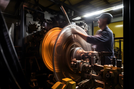 Artistic motion blur photograph of a factory worker operating heavy machinery, capturing the movement and energy in the manufacturing process. Generative AIの素材