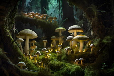An otherworldly forest of glowing mushrooms, showing the intricate details and luminescence of the fungi. Created with generative AIの素材