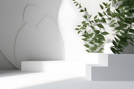 White podium backdrop mockup template, with natural green leaves plant twig, sunlight and foliages leaves shadow. 3d rendering. Created with generative AIの素材