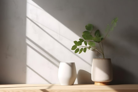 Modern white vase with green plant and a wooden plate on stone counter table with space in sunlight, leaf shadow on beige stucco cement wall for interior design decoration. 3d rendering. Created with generative AIの素材