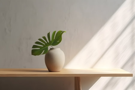 Modern white vase with green plant and a wooden plate on stone counter table with space in sunlight, leaf shadow on beige stucco cement wall for interior design decoration. 3d rendering. Created with generative AIの素材