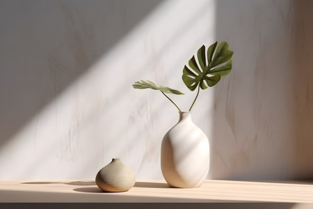 Modern white vase with green plant and a wooden plate on stone counter table with space in sunlight, leaf shadow on beige stucco cement wall for interior design decoration. 3d rendering. Created with generative AIの素材